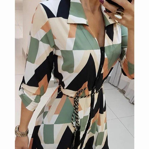 Women's Print Long Sleeve V-neck Casual Loose Holiday Midi Dress